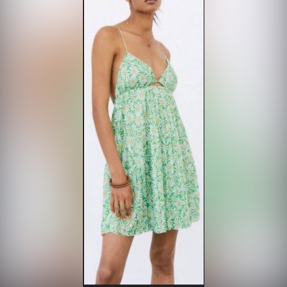 ZARA Green Floral Cut Out Open Back Mini Dress.